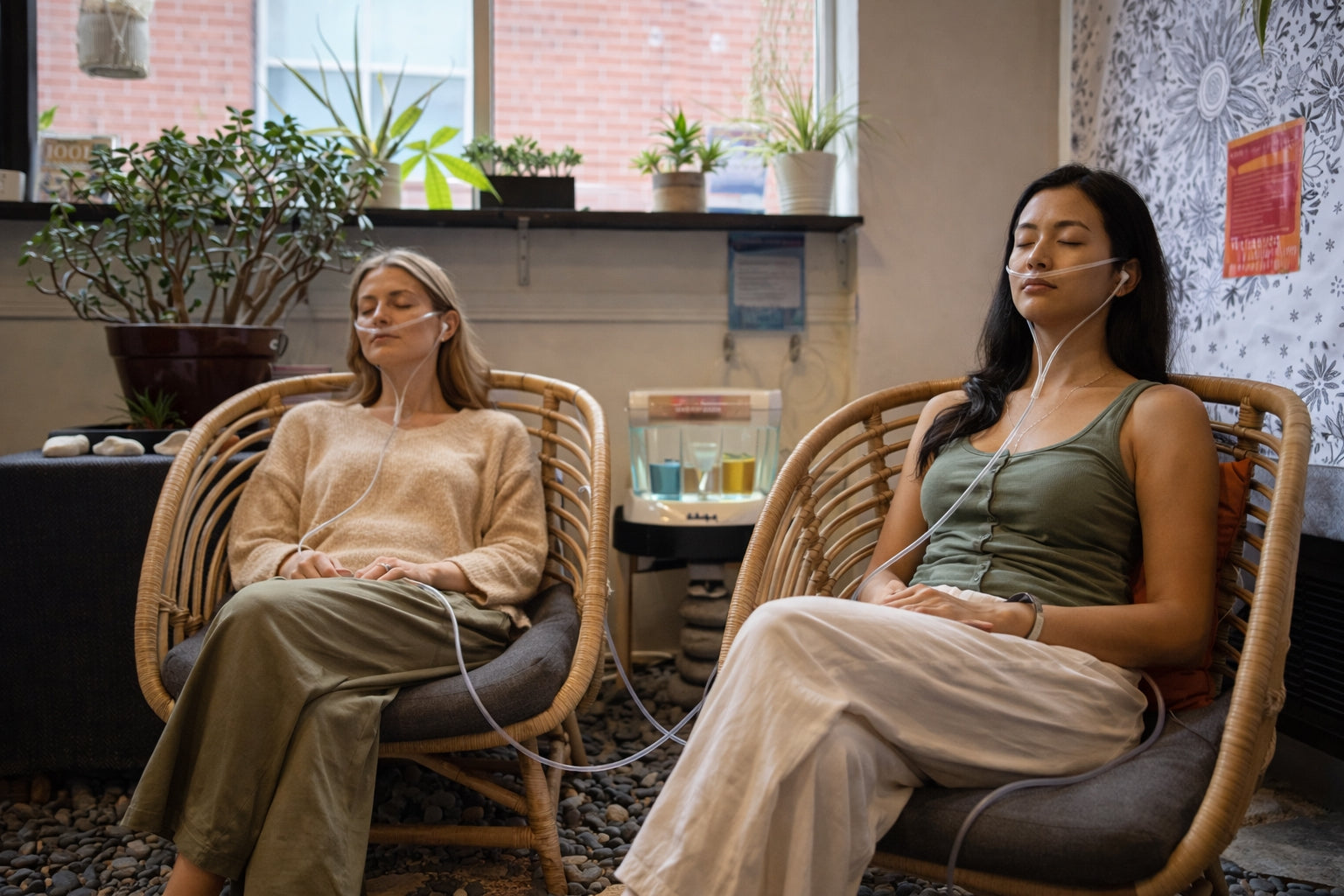 Boutique oxygen therapy lounge with botanical seating and relaxation garden in Salt Lake