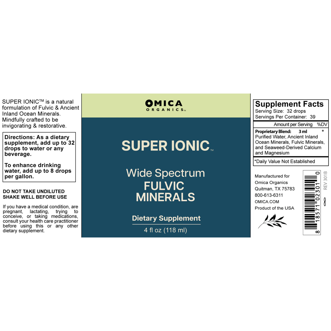 Label of Omica Organics Super Ionic Wide Spectrum Fulvic Minerals dietary supplement on a white background.