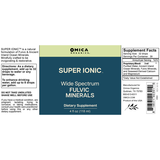 Label of Omica Organics Super Ionic Wide Spectrum Fulvic Minerals dietary supplement on a white background.
