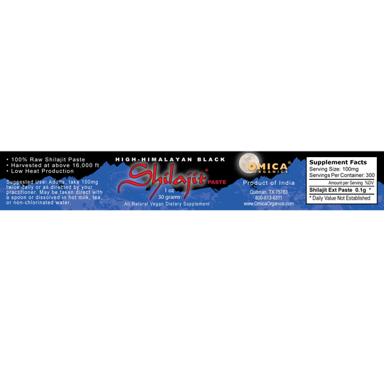 Omicca Shilajit supplement label on a white background