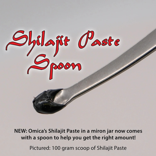 Shilajit Paste Spoon with black paste on a gray background