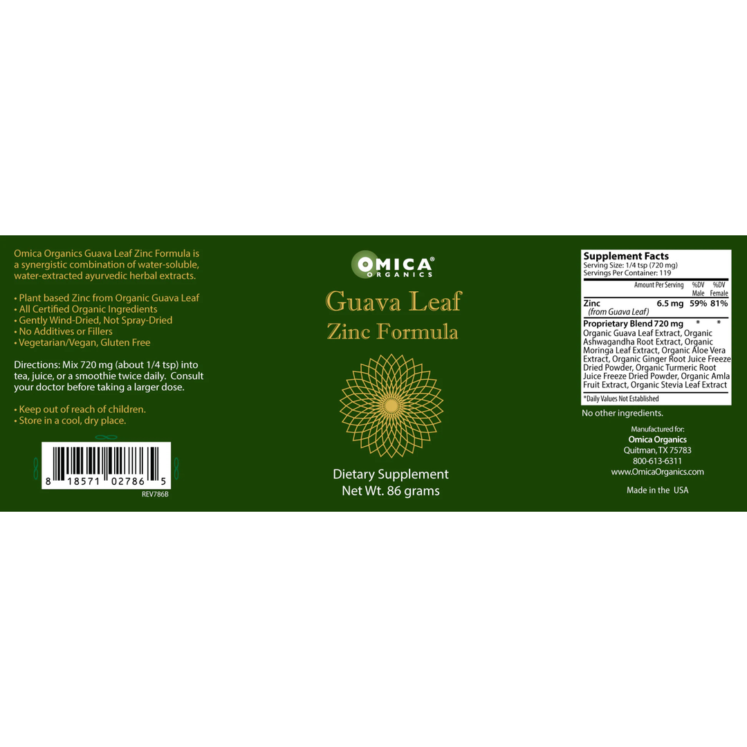 Label of Omica Organics Guava Leaf Zinc Formula dietary supplement on a white background