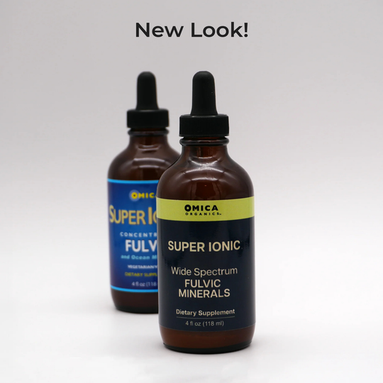 Two bottles of Omica Organics Super Ionic Fulvic Minerals on a white background with 'New Look!' text.