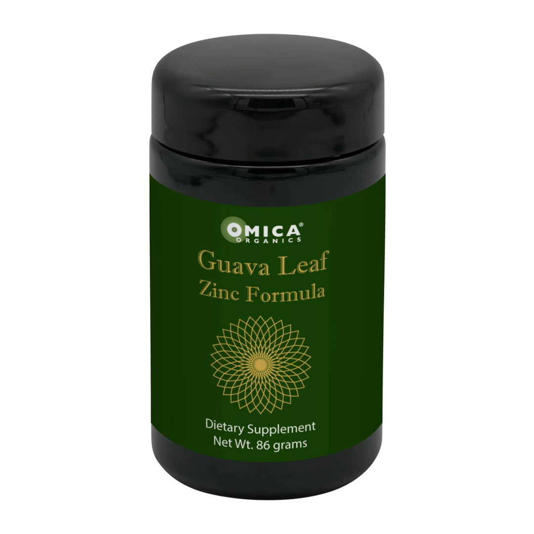 Green supplement bottle labeled 'Guava Leaf Zinc Formula' by Omica on a white background