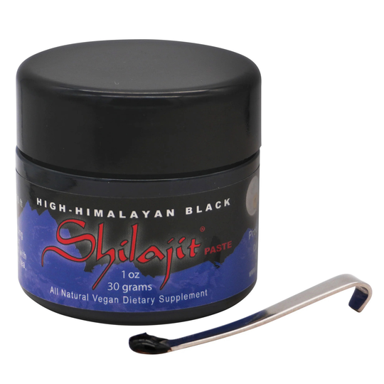 Black container of High Himalayan Black Shilajit Paste with a metal scoop on a white background