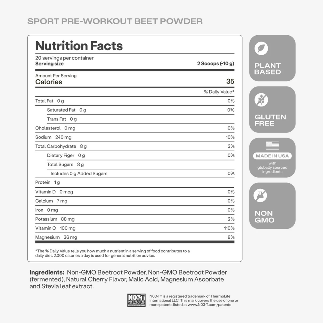 Nutrition facts label for Sport Pre-Workout Beet Powder with certification icons on a white background.