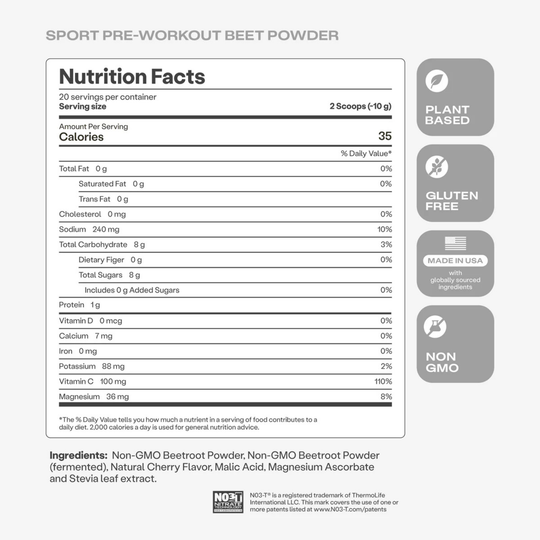 Nutrition facts label for Sport Pre-Workout Beet Powder with certification icons on a white background.